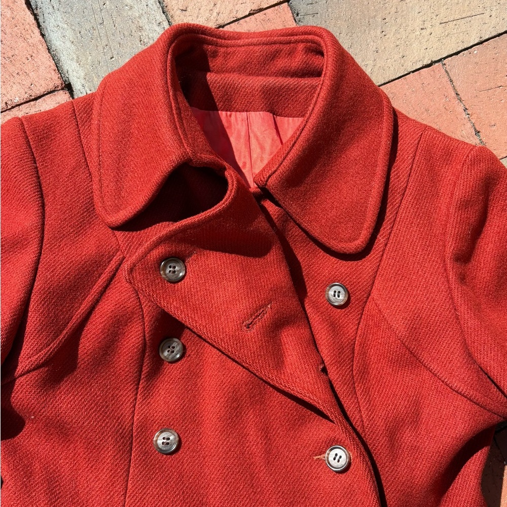 Vintage Scarlet Red Wool Vintage Coat Double-Breasted Ring Belt Academia Mod - Picture 4 of 15